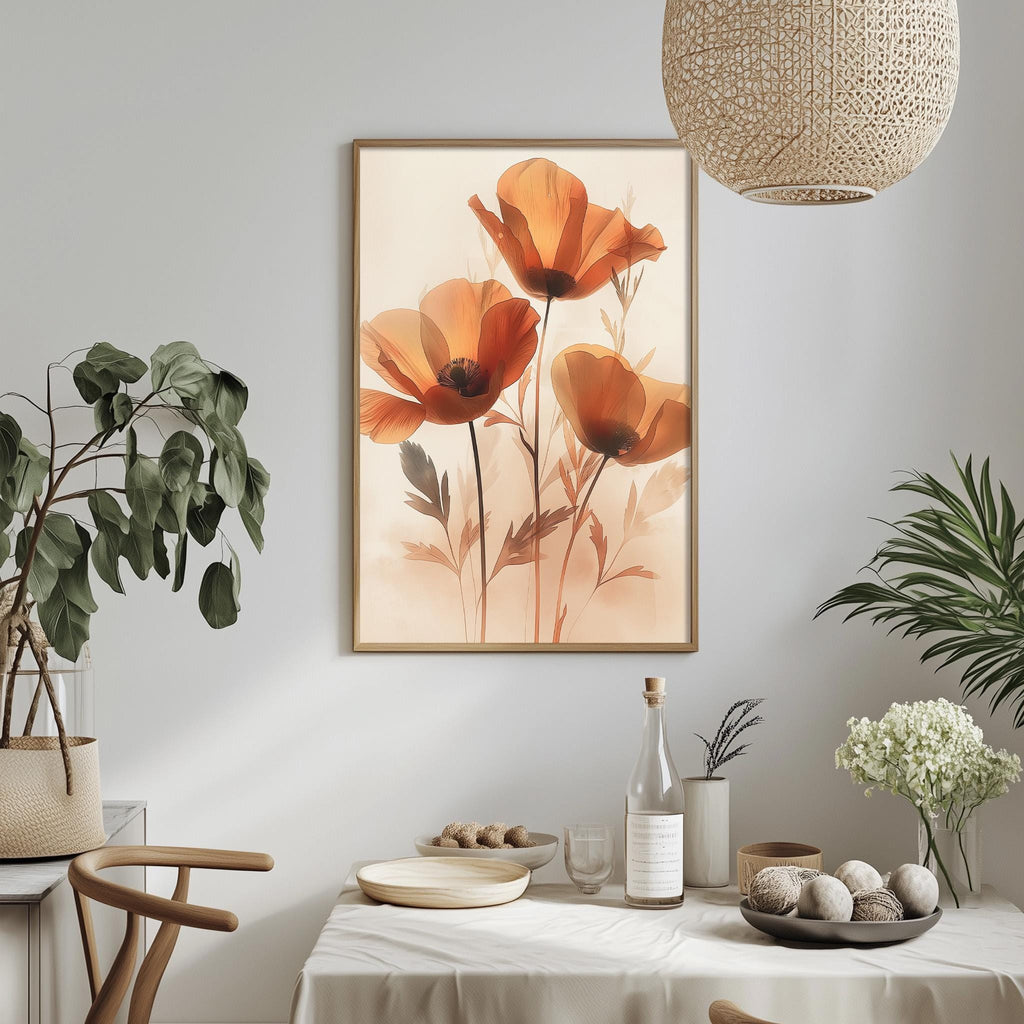 a dining table with a white tablecloth, a bowl of fruit, a bottle, and a vase with flowers. Above the table, there is a framed picture of orange flowers hanging on the wall.