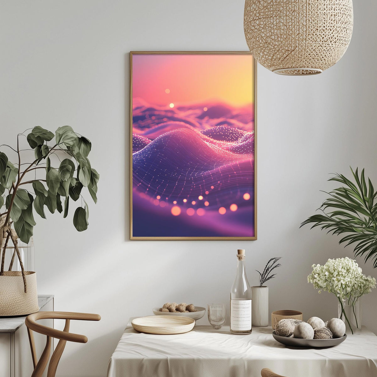 a dining table with a white tablecloth, a bowl of fruit, a bottle, and a vase with flowers. Above the table, there is a framed picture of a sunset landscape with a purple and pink gradient.