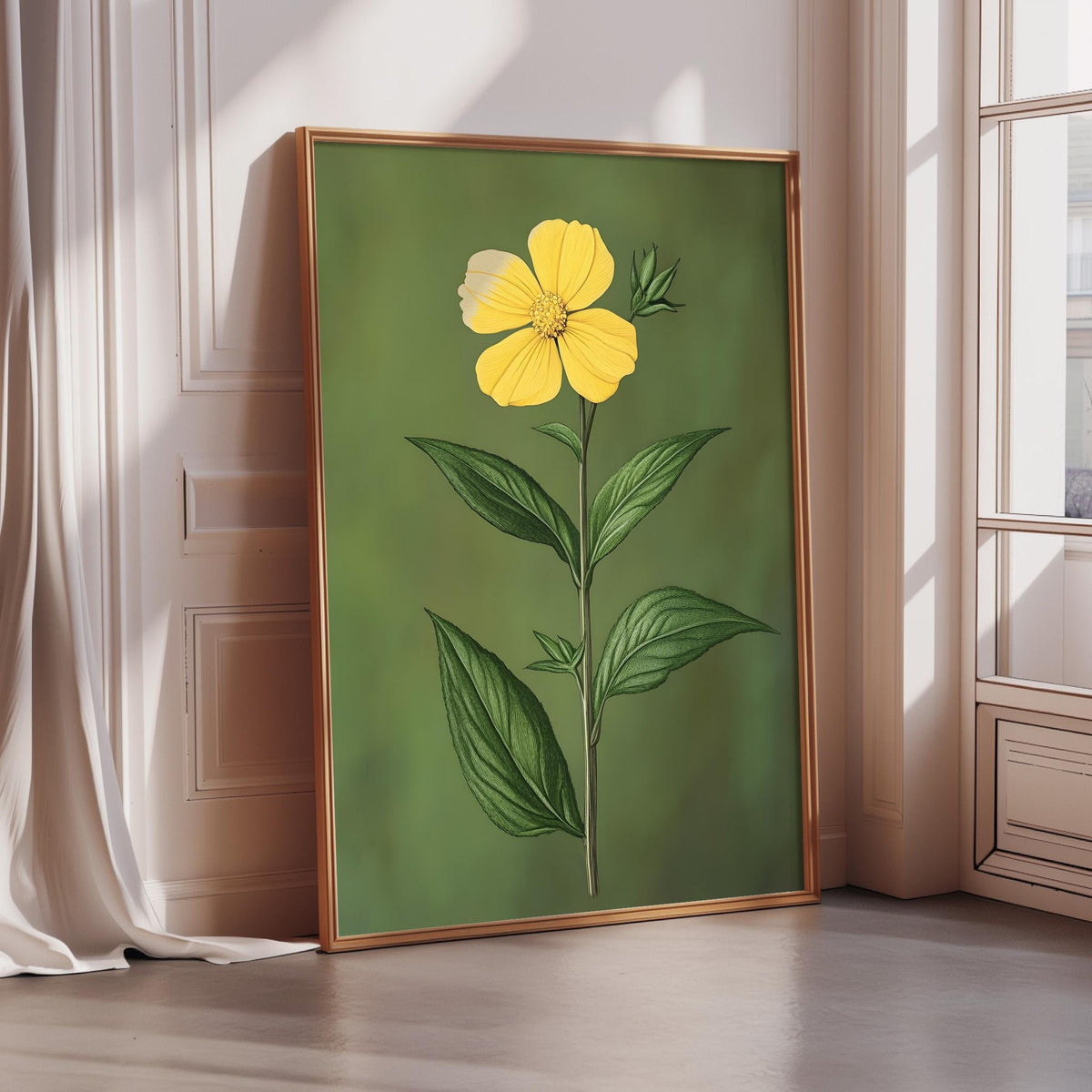 A framed painting of a yellow flower with green leaves is displayed on a wall in a room with a window.