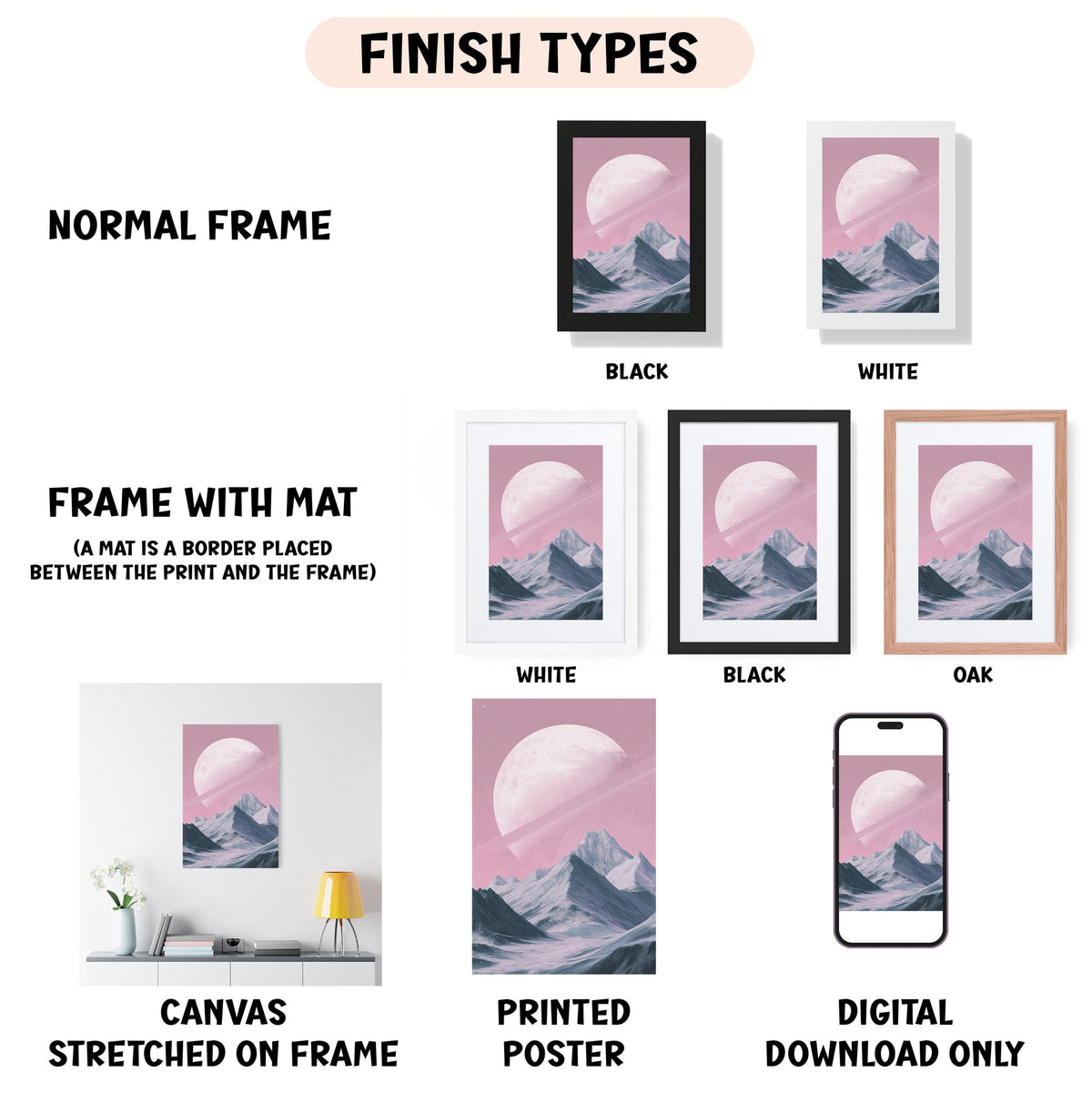 a poster with a picture of a mountain range and the words finish types