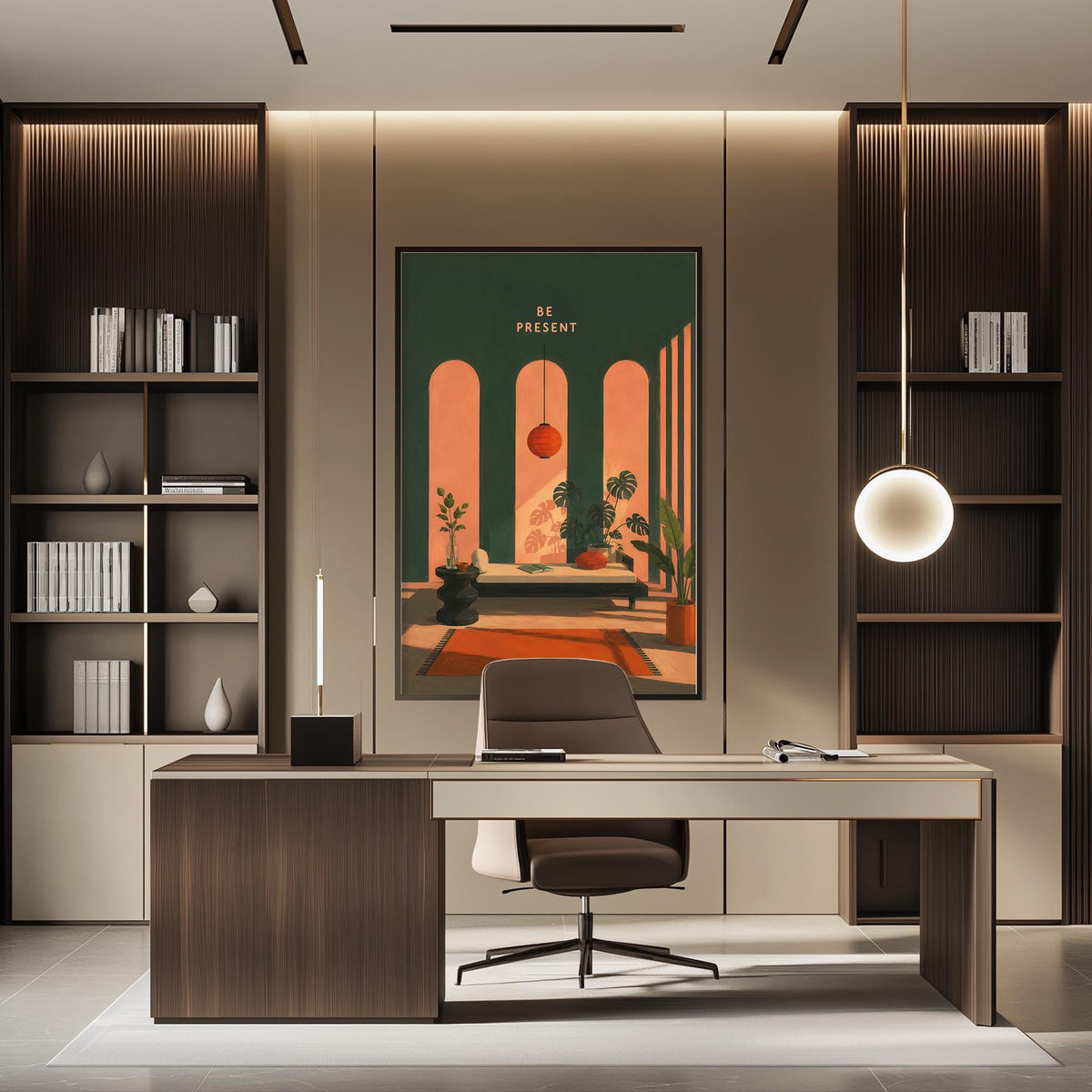 a modern and stylish office space with a large wooden desk, a comfortable chair, and a large framed poster on the wall.
