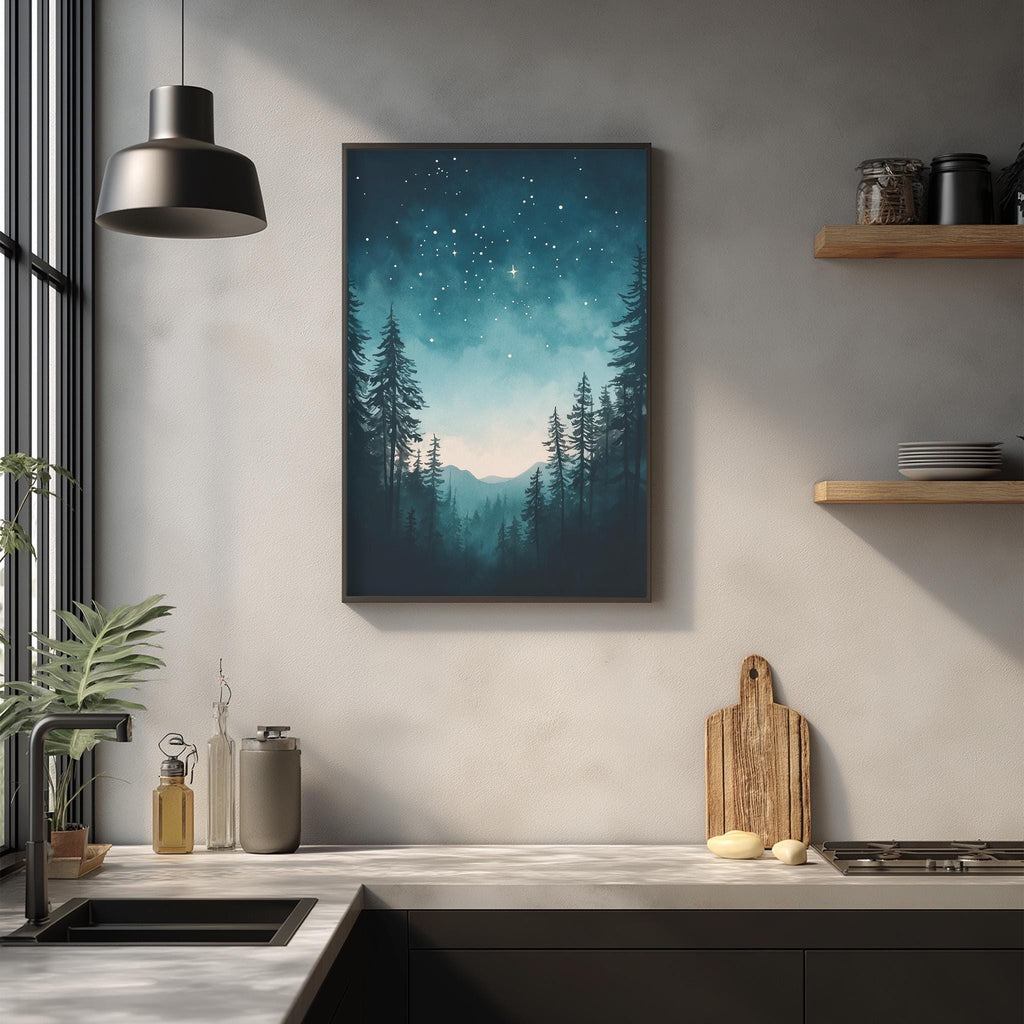 a kitchen counter with a wooden cutting board, a plant, and various kitchen items such as a jar and a bottle. Above the counter, there is a framed painting depicting a night sky with stars and trees.