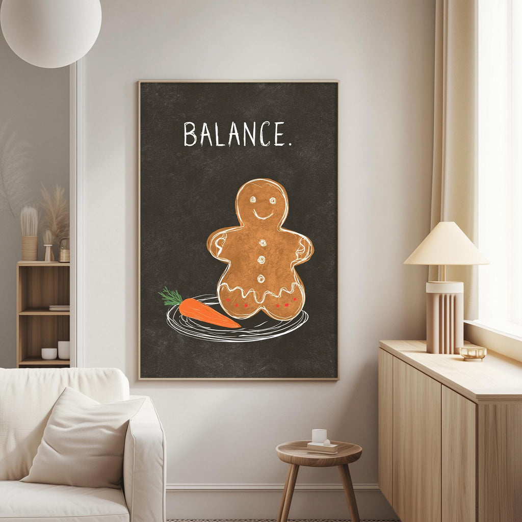 a cozy living room with a large black poster of a gingerbread man on the wall, accompanied by a carrot.