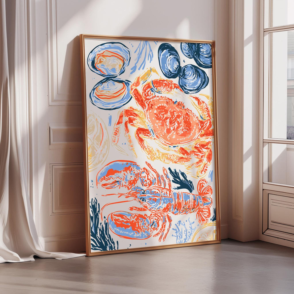 a large, colorful painting of a crab and other seafood, including oysters and clams, displayed on a wall.