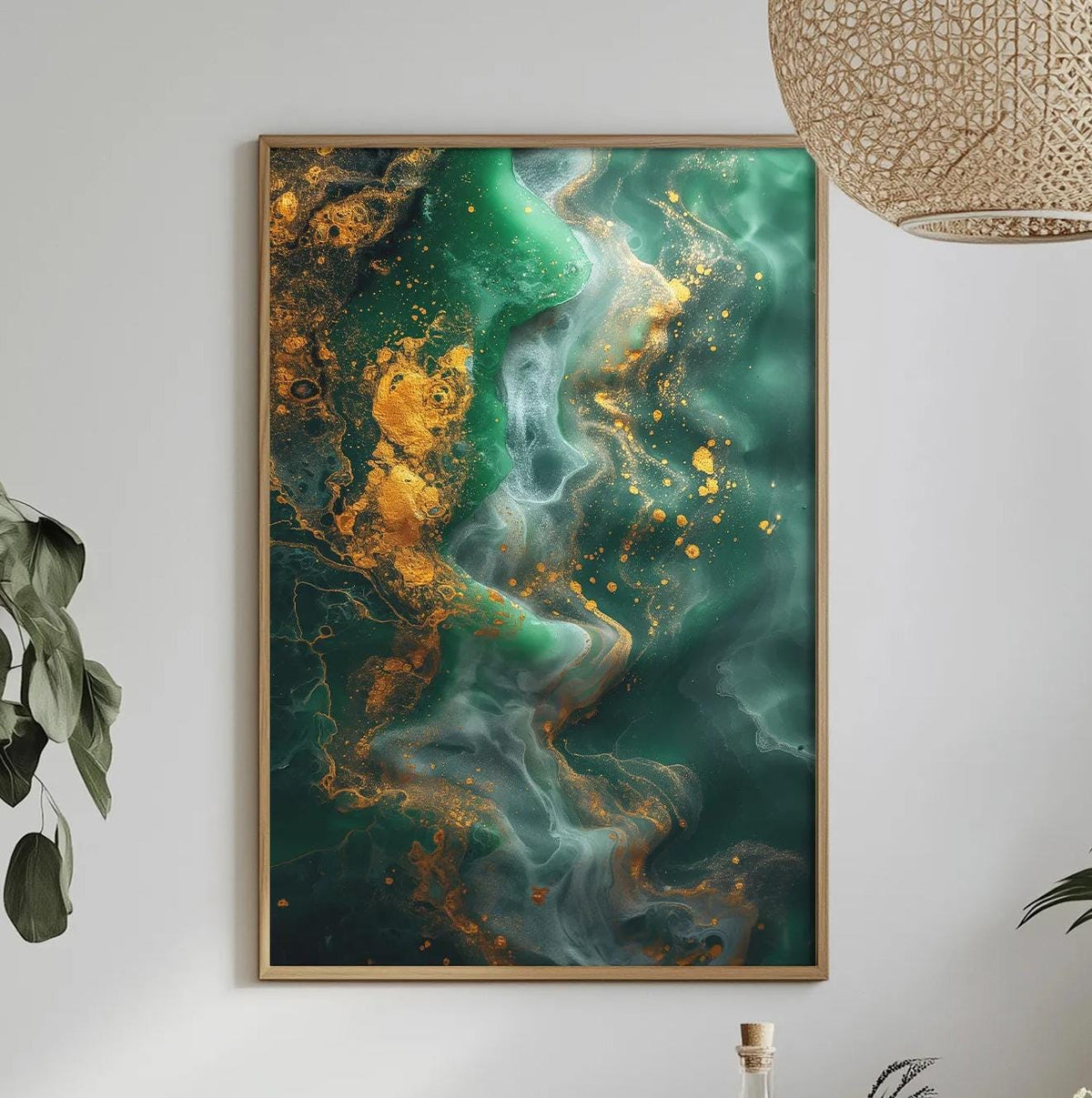 a dining table with a white tablecloth, a bowl of fruit, a bottle, and a vase with flowers. Above the table, there is a framed painting of a swirling green and yellow abstract design.