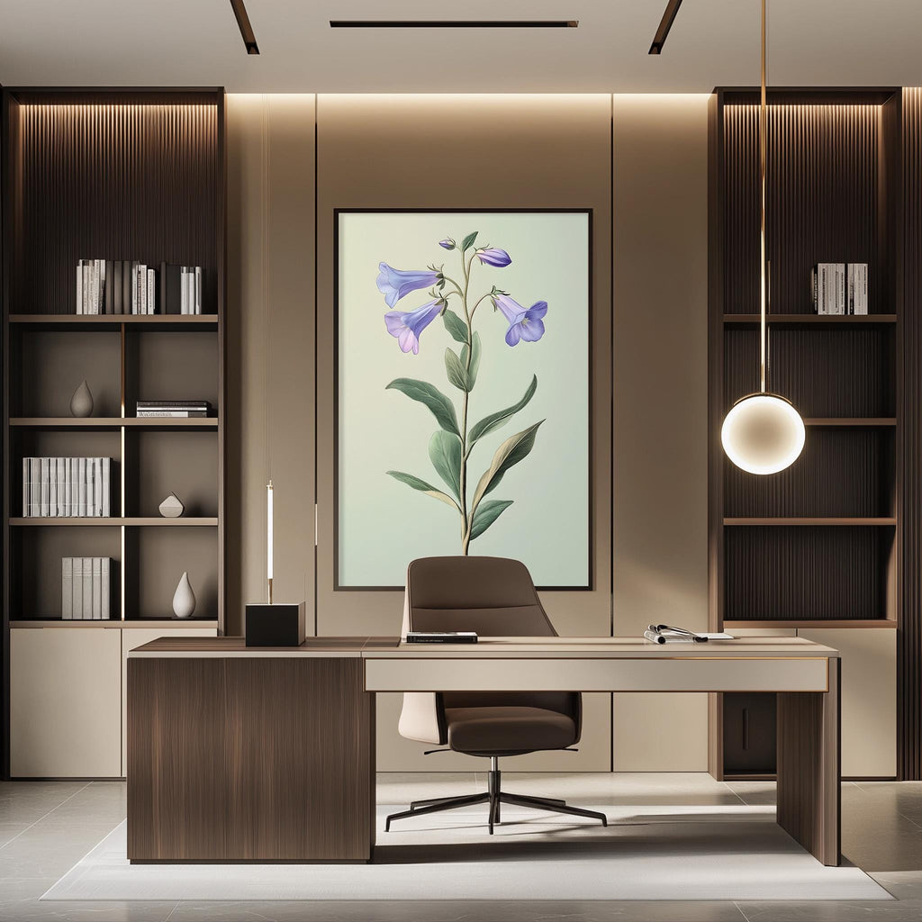 a modern and well-designed office space with a large framed floral artwork on the wall, a wooden desk with a chair, and built-in bookshelves.