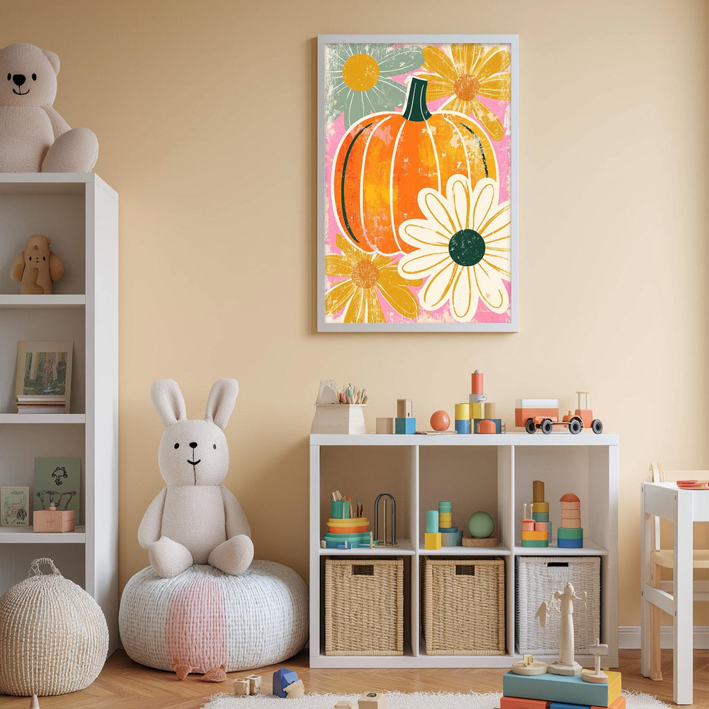 A child's bedroom with a white bookshelf, a stuffed rabbit, a colorful pumpkin and flower painting, and various toys and storage bins.