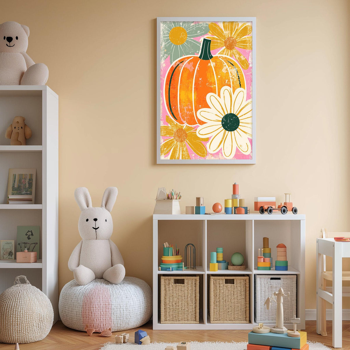 A child's bedroom with a white bookshelf, a stuffed rabbit, a colorful pumpkin and flower painting, and various toys and storage bins.