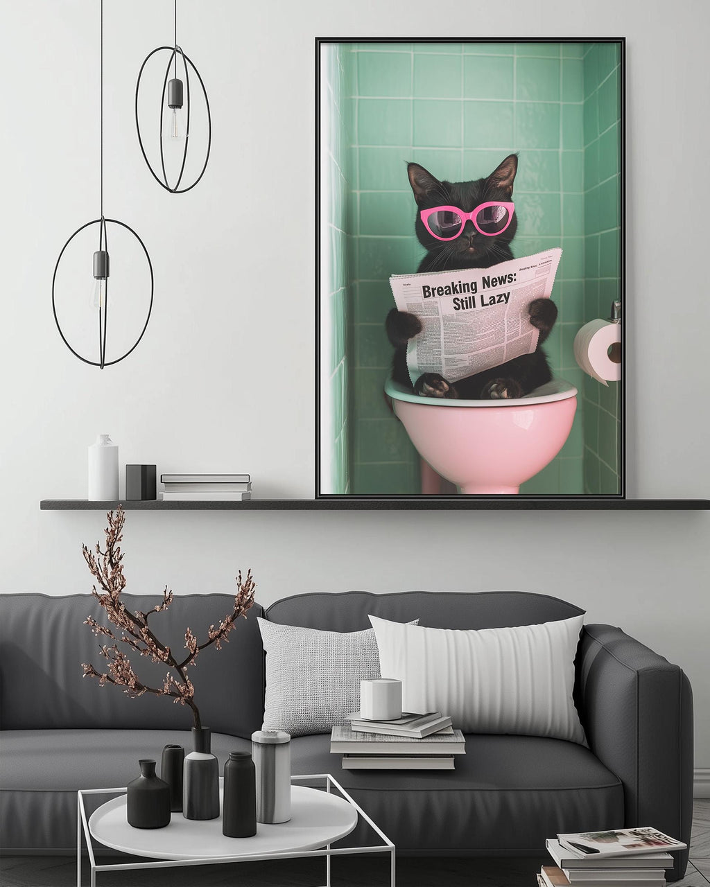 A black cat wearing pink sunglasses is sitting on a pink toilet seat and reading a newspaper, with the headline "BREAKING NEWS: STILL LACY".