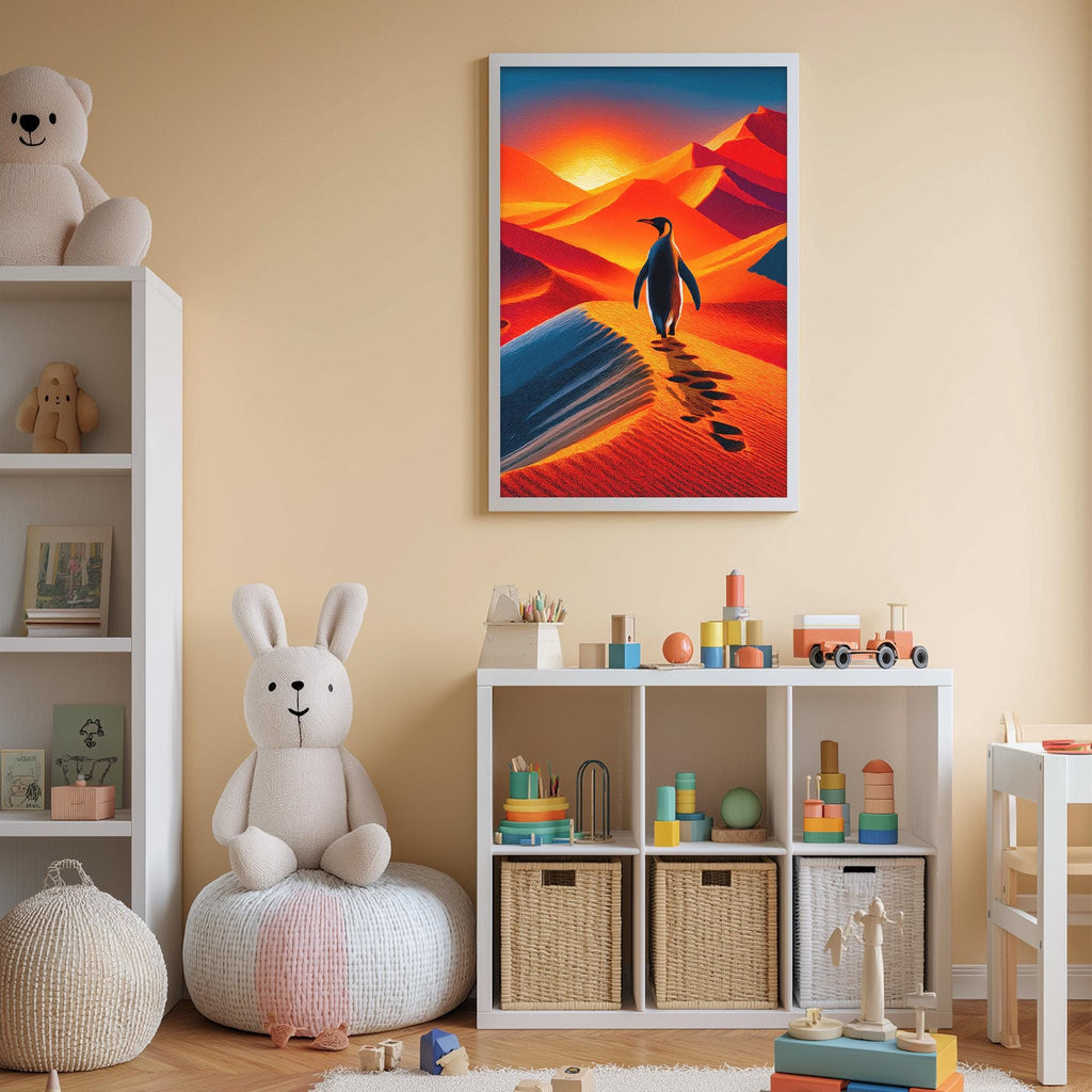 A child's bedroom with a large stuffed rabbit, a bookshelf, and a colorful painting of a penguin on the wall.
