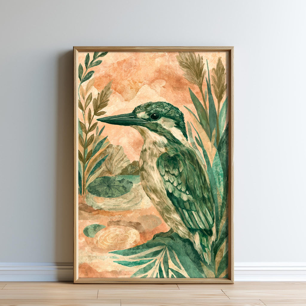 The image is a framed painting depicting a colorful bird, likely a kingfisher, surrounded by lush foliage and plants.
