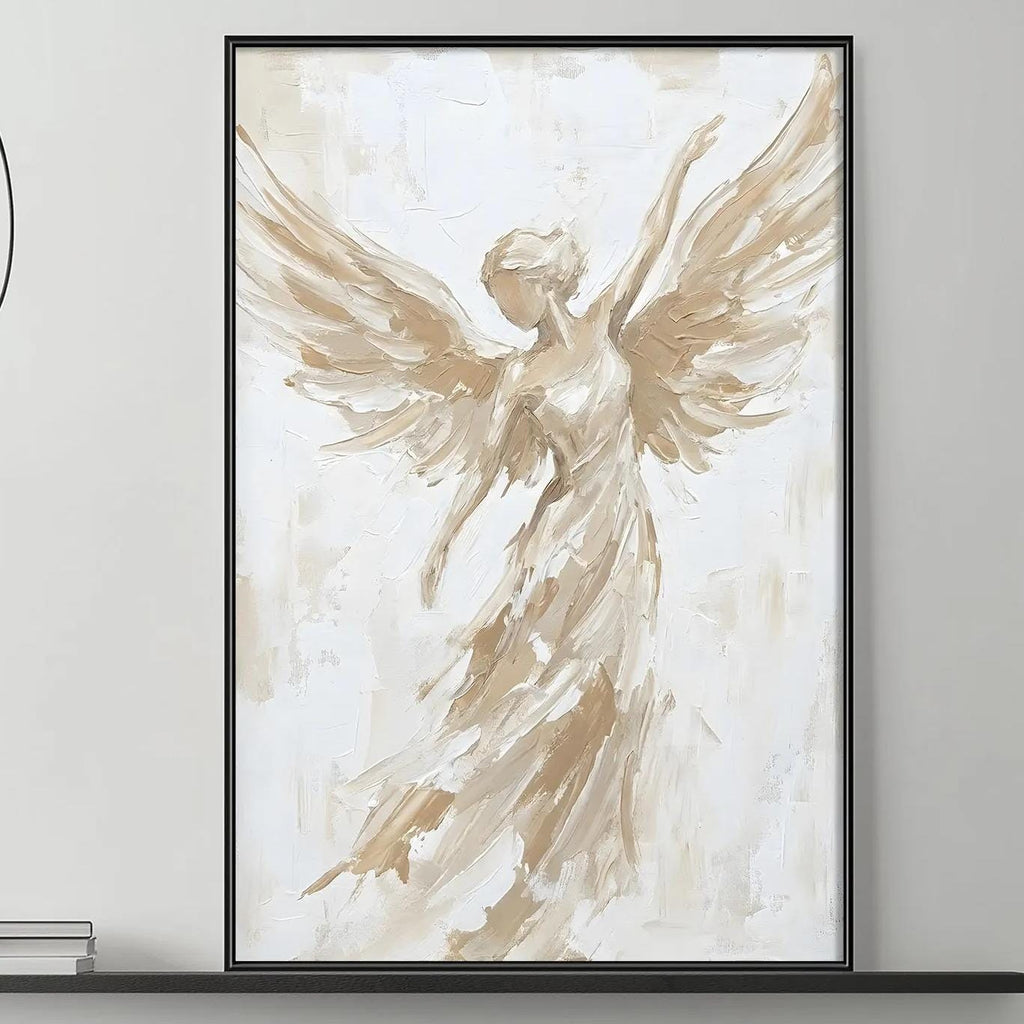 a modern living room with a gray sofa, a coffee table, and a large framed painting of an angel with outstretched wings hanging above the sofa.