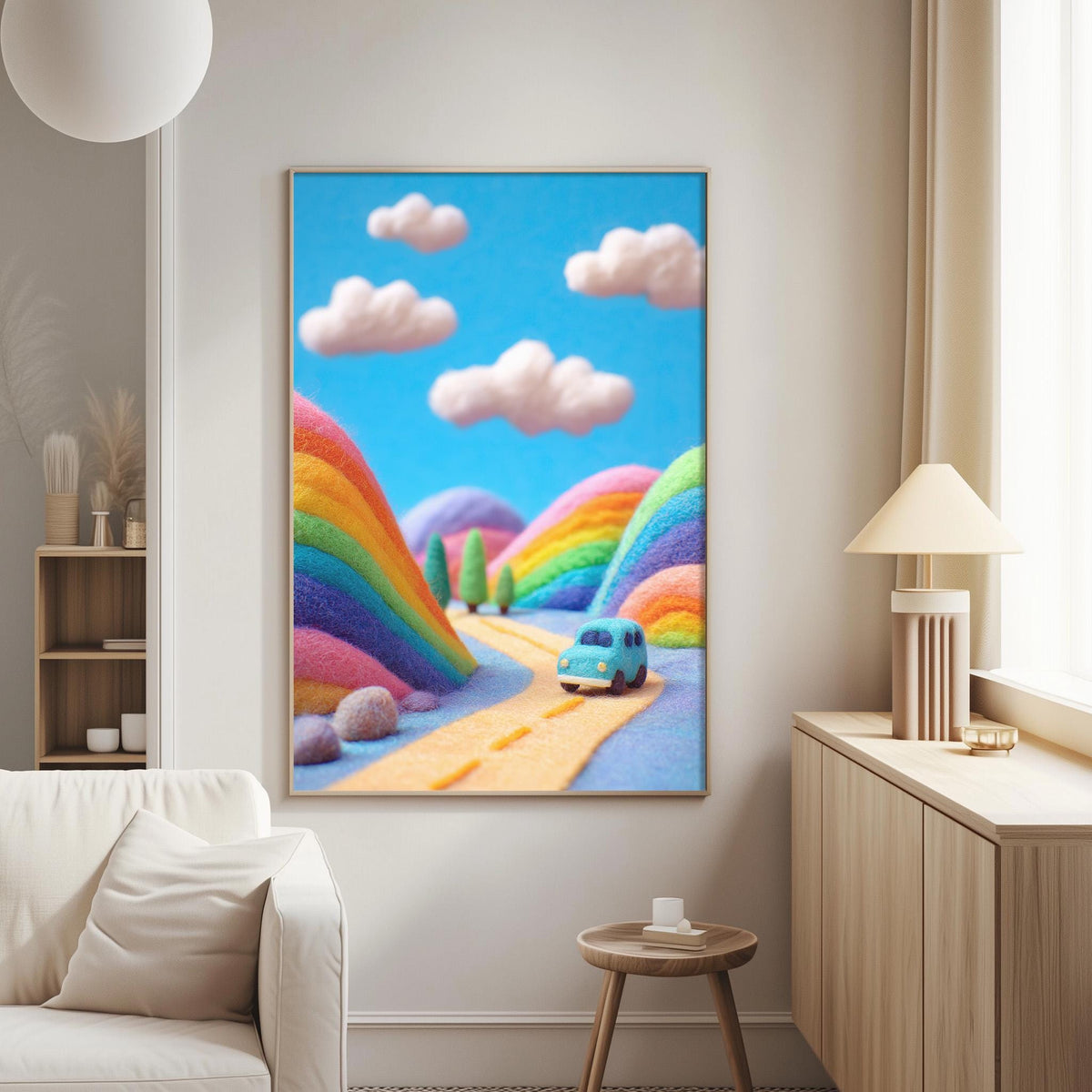 a vibrant, whimsical scene of a rainbow-colored landscape with a blue van driving down a winding road. The van is surrounded by a rainbow-colored landscape, with mountains and trees in the background. The scene is set against a blue sky with fluffy white clouds. The image is a collage of multiple images, creating a visually appealing and imaginative composition.