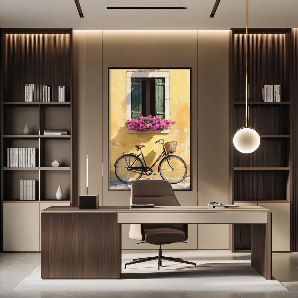 a modern office space with a large window, a bicycle, and a bookshelf.