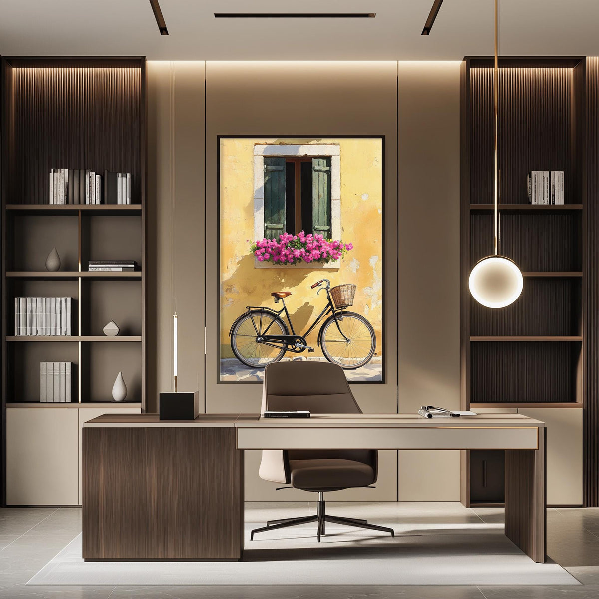 a modern office space with a large window, a bicycle, and a bookshelf.