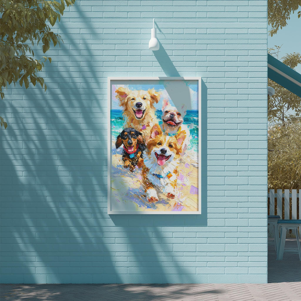 A framed painting of four dogs, including a golden retriever, a corgi, a dachshund, and a poodle, is displayed on a blue wall.