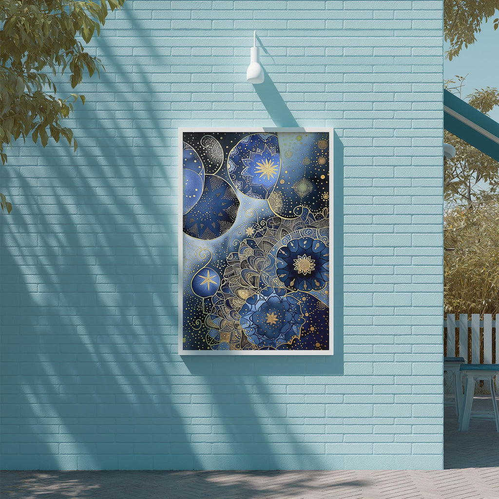 a large, colorful painting hanging on a light blue brick wall.