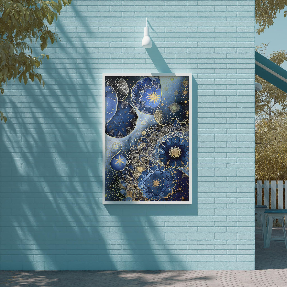 a large, colorful painting hanging on a light blue brick wall.