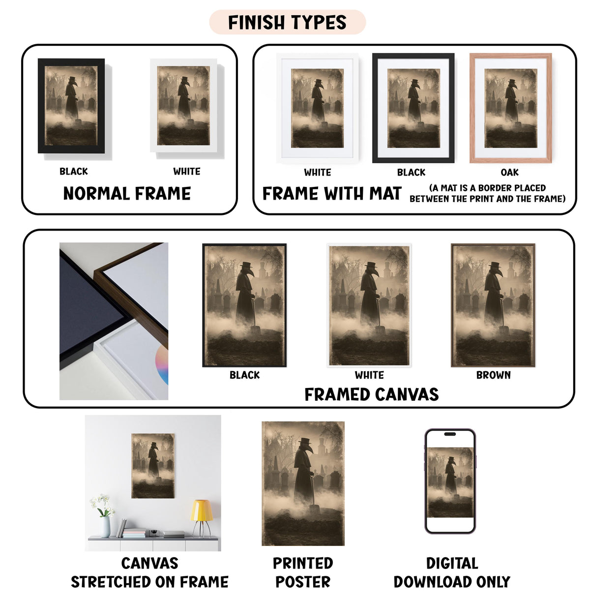 various framed artworks, including a framed canvas, a stretched canvas, and a poster, each with different finish types and frame colors.