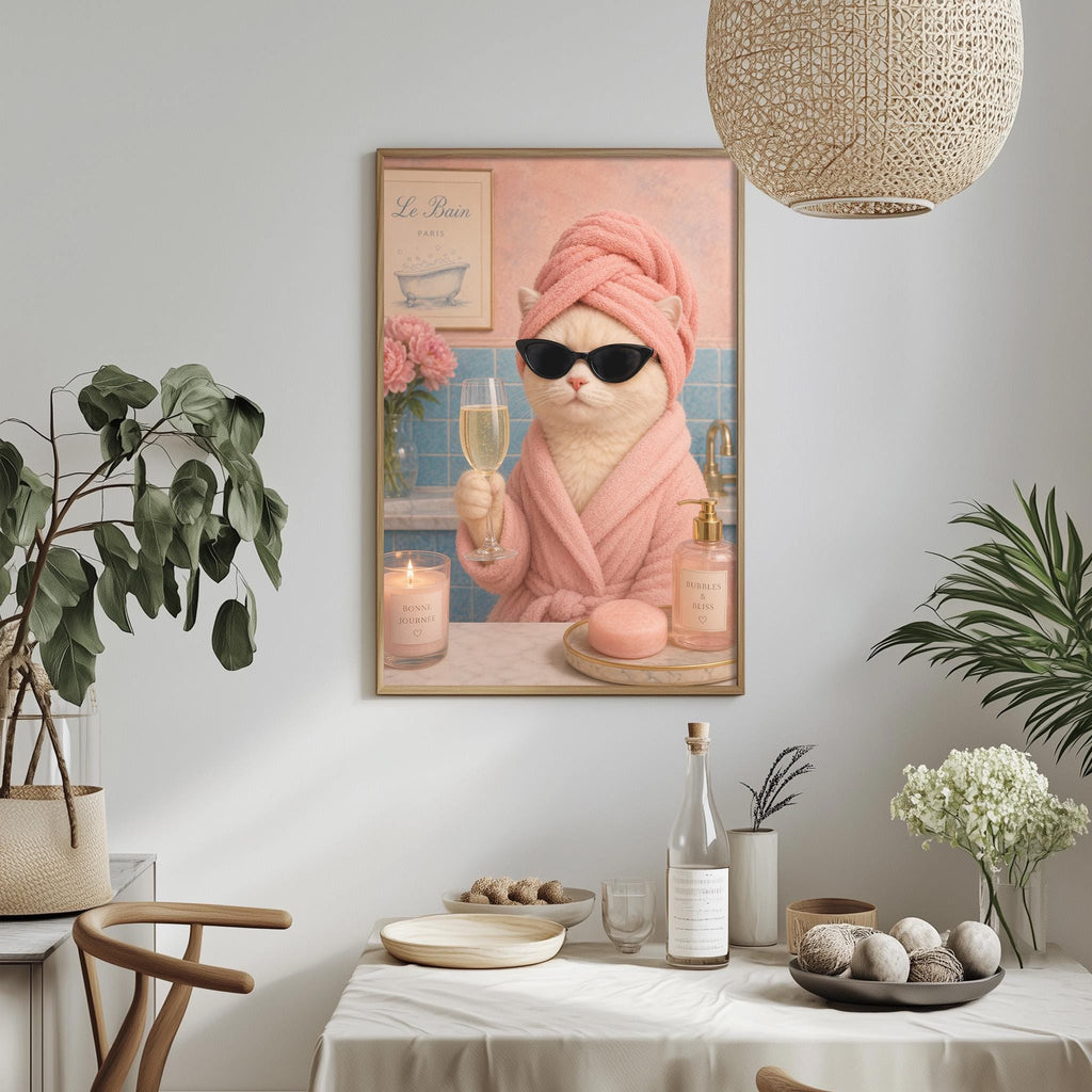 a framed painting of a cat wearing a pink bathrobe and sunglasses, holding a glass of wine, with a bathroom scene in the background.