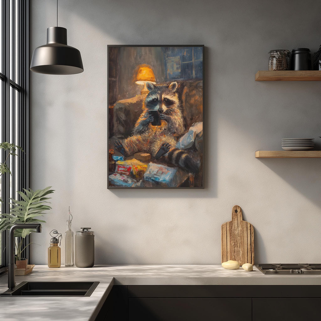 a raccoon sitting on a chair in a kitchen setting, with various kitchen items and decor visible in the background.
