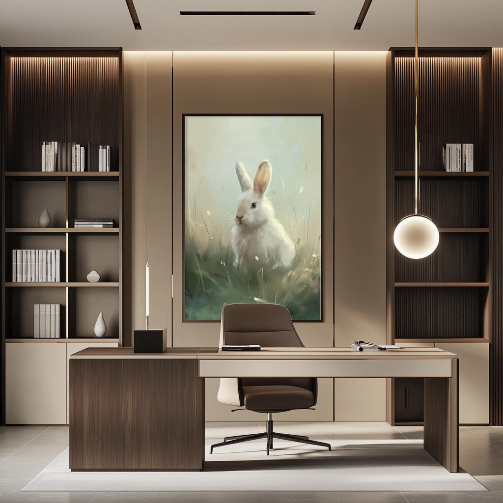 a modern office space with a large painting of a rabbit on the wall. The office has a wooden desk, a chair, and a bookshelf. The overall design has a minimalist and contemporary aesthetic.