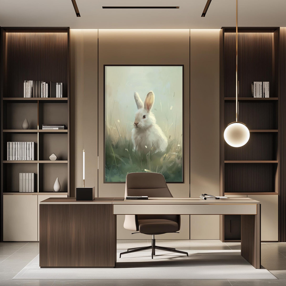a modern office space with a large painting of a rabbit on the wall. The office has a wooden desk, a chair, and a bookshelf. The overall design has a minimalist and contemporary aesthetic.