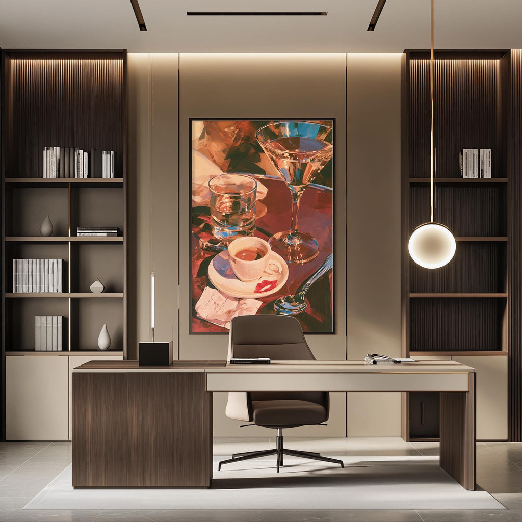 a modern and stylish office space with a large framed artwork of a glass of wine and a bowl of fruit on the wall. The office features a wooden desk, a comfortable chair, and a bookshelf filled with books and decorative items. The overall design and layout of the space create a sophisticated and inviting atmosphere.