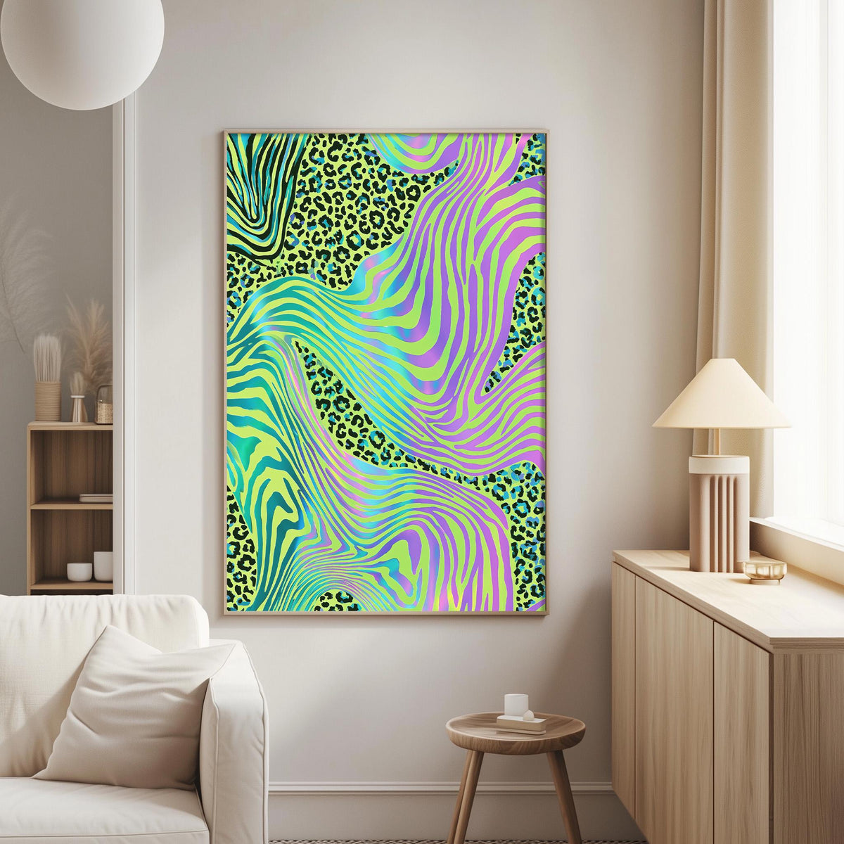 a vibrant abstract painting with a mix of green, yellow, and purple hues, along with leopard print elements, creating a lively and dynamic visual display.