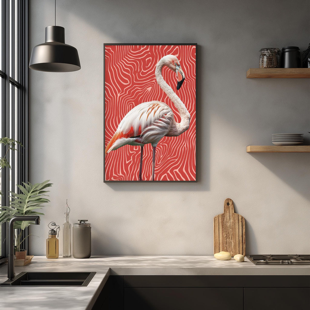 a framed painting of a flamingo on a wall in a kitchen setting.