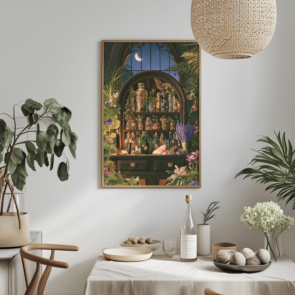 a cozy and inviting interior space with a large framed painting of a shelf filled with various bottles and jars, surrounded by lush greenery and flowers. The painting is hung on a white wall above a dining table, which is set with plates, bowls, and other tableware. The room is decorated with potted plants and other natural elements, creating a warm and welcoming atmosphere.