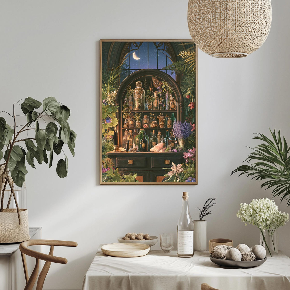 a cozy and inviting interior space with a large framed painting of a shelf filled with various bottles and jars, surrounded by lush greenery and flowers. The painting is hung on a white wall above a dining table, which is set with plates, bowls, and other tableware. The room is decorated with potted plants and other natural elements, creating a warm and welcoming atmosphere.