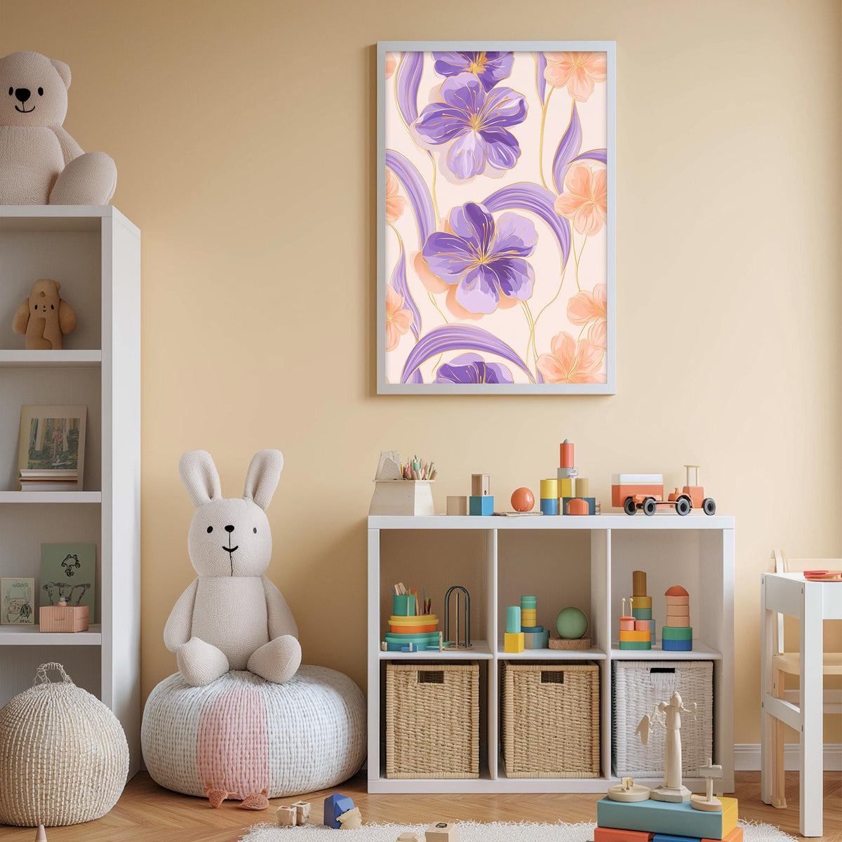 A cozy and colorful children's bedroom with a large stuffed bunny, a bookshelf, and a toy storage unit filled with toys and books.
