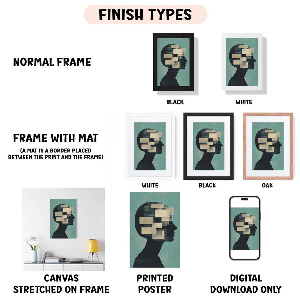 various framed artworks, including a canvas stretched on a frame, a framed poster, and a digital poster. The artworks are presented in different frame colors and styles, such as a normal frame, a black frame, a white frame, and an oak frame. The artworks are labeled with the finish types, including a normal frame, a frame with mat, a white frame, a black frame, and an oak frame. The artworks are also described as a canvas stretched on a frame, a printed poster, and a digital download only.