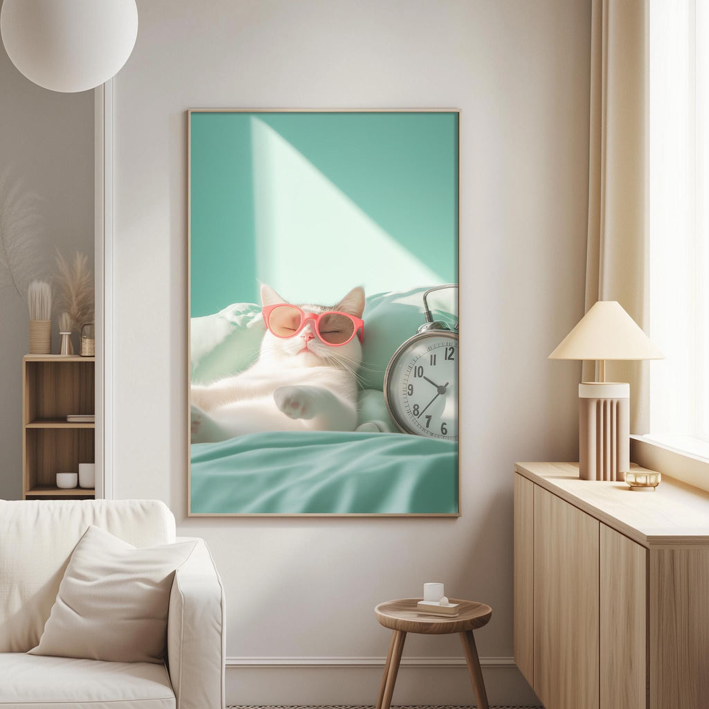 A white cat wearing pink sunglasses is resting on a bed in a cozy living room, with a clock and lamp nearby.