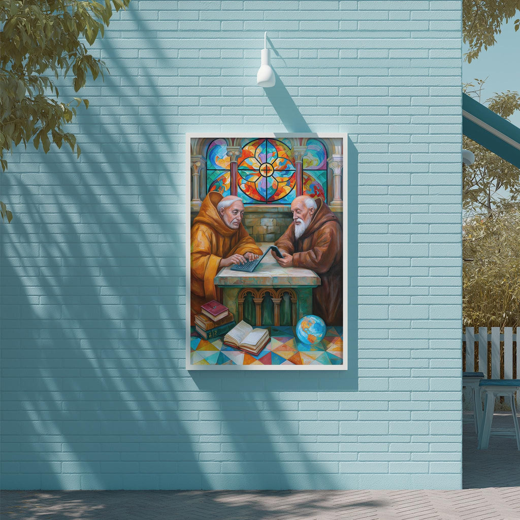 a painting of two monks, one wearing a robe and the other a white beard, sitting at a table and engaged in conversation. The painting is displayed on a blue wall, with a stained glass window visible in the background.