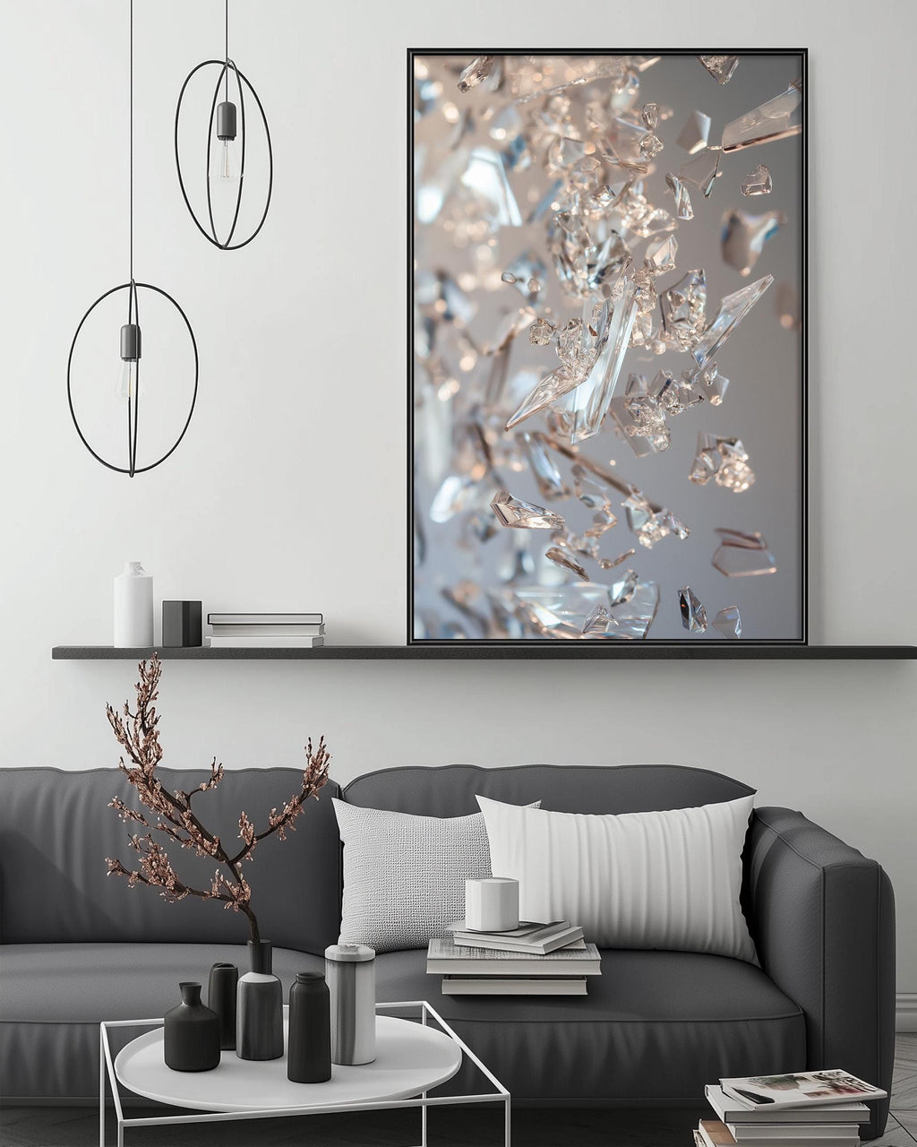 a modern living room with a gray sofa, a coffee table, and a large framed photograph of a crystal-like object on the wall.