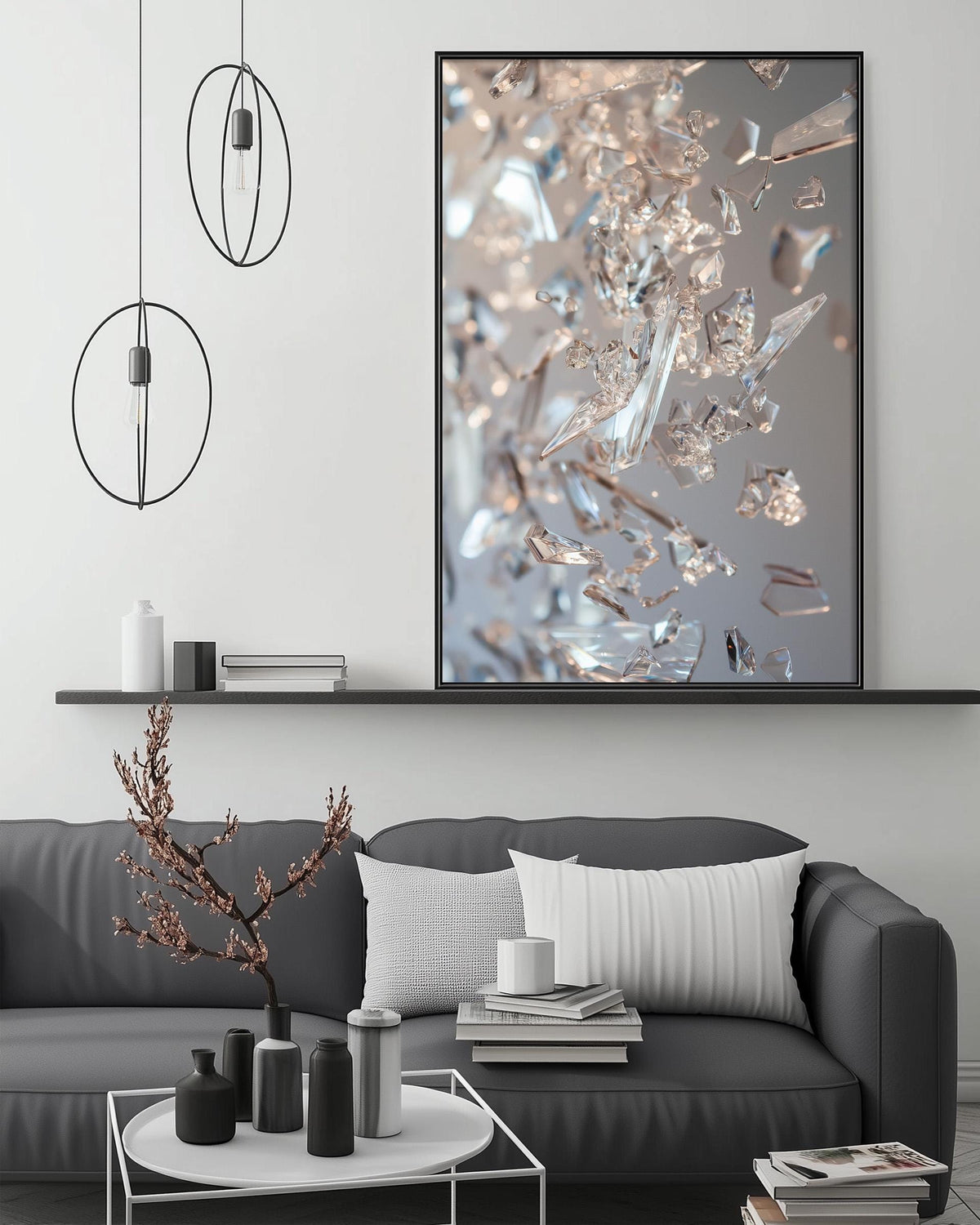 a modern living room with a gray sofa, a coffee table, and a large framed photograph of a crystal-like object on the wall.
