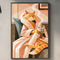 a kitchen scene with a framed illustration of a cat wearing a pink robe and holding a cup of tea, sitting on a chair. The kitchen counter has various items on it, including a cutting board, a bottle, and a plant.