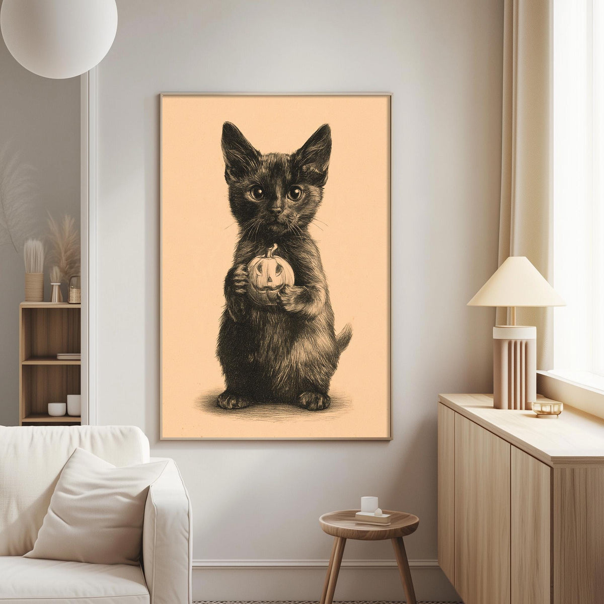 a cozy living room with a large framed picture of a cute black kitten holding a pumpkin, hanging on the wall.