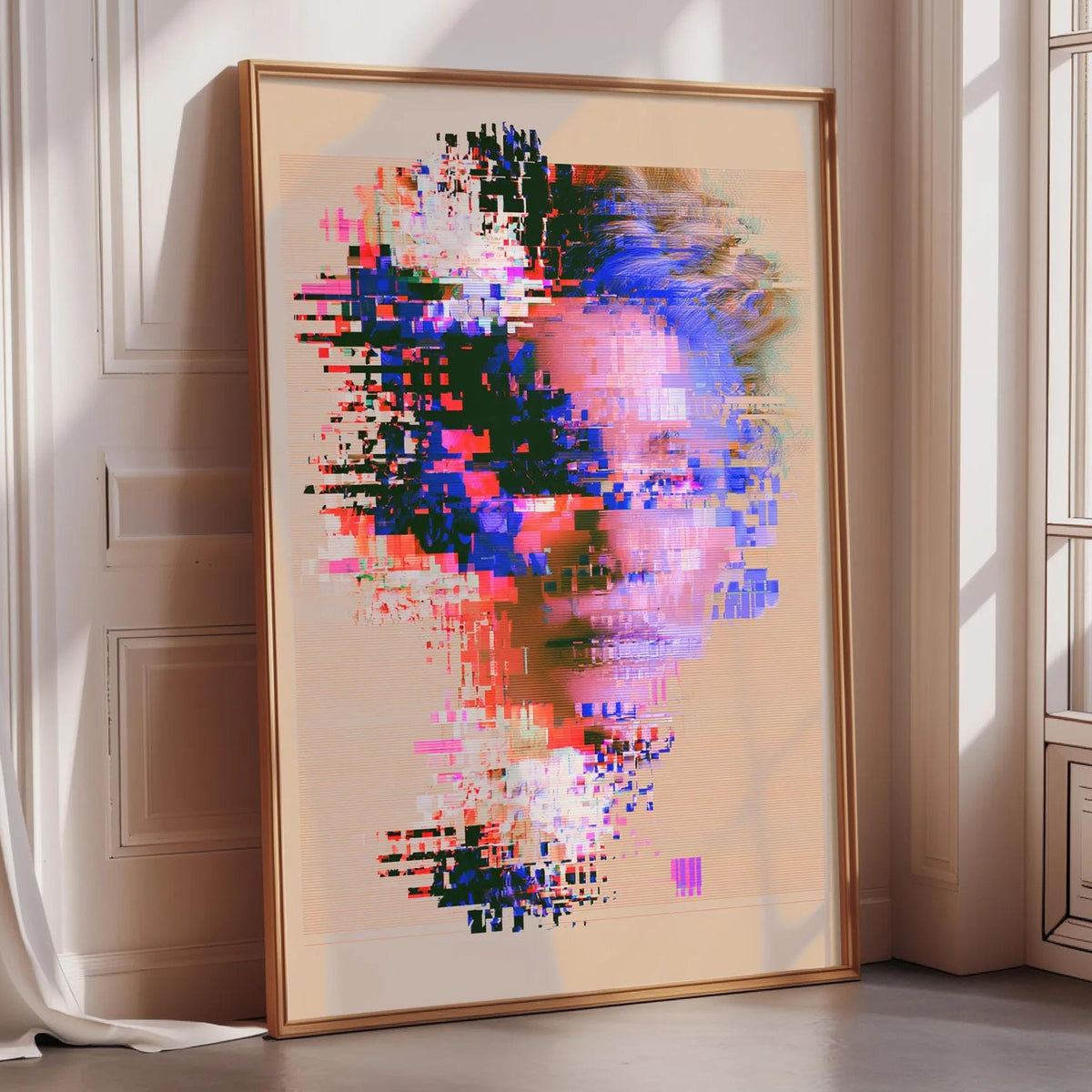 a large, abstract painting with a mix of colors and shapes, including shades of blue, pink, and green, as well as geometric patterns. The painting is displayed on a wall in a room with a window, creating a visually striking and dynamic scene.