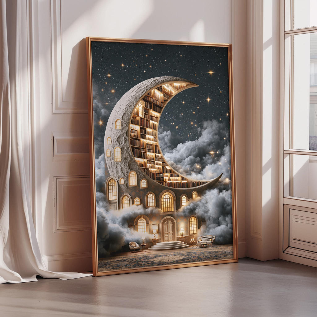The image is a large framed painting depicting a fantastical scene with a crescent moon-shaped building, surrounded by stars and clouds, and illuminated with lights.