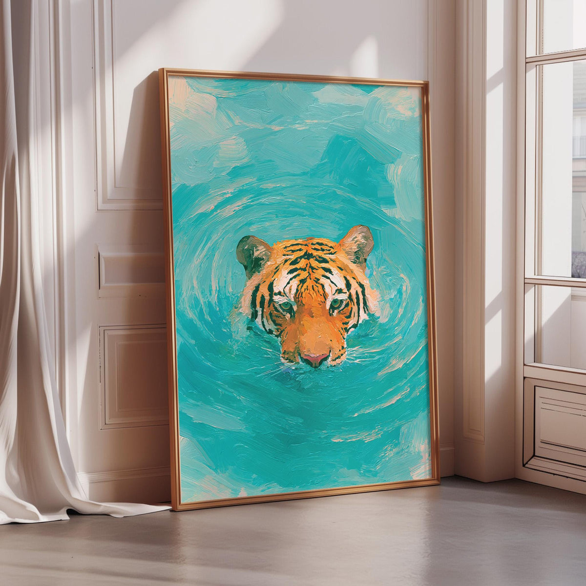 A framed painting depicting a tiger swimming in turquoise water, with the tiger's head prominently featured in the center of the frame.