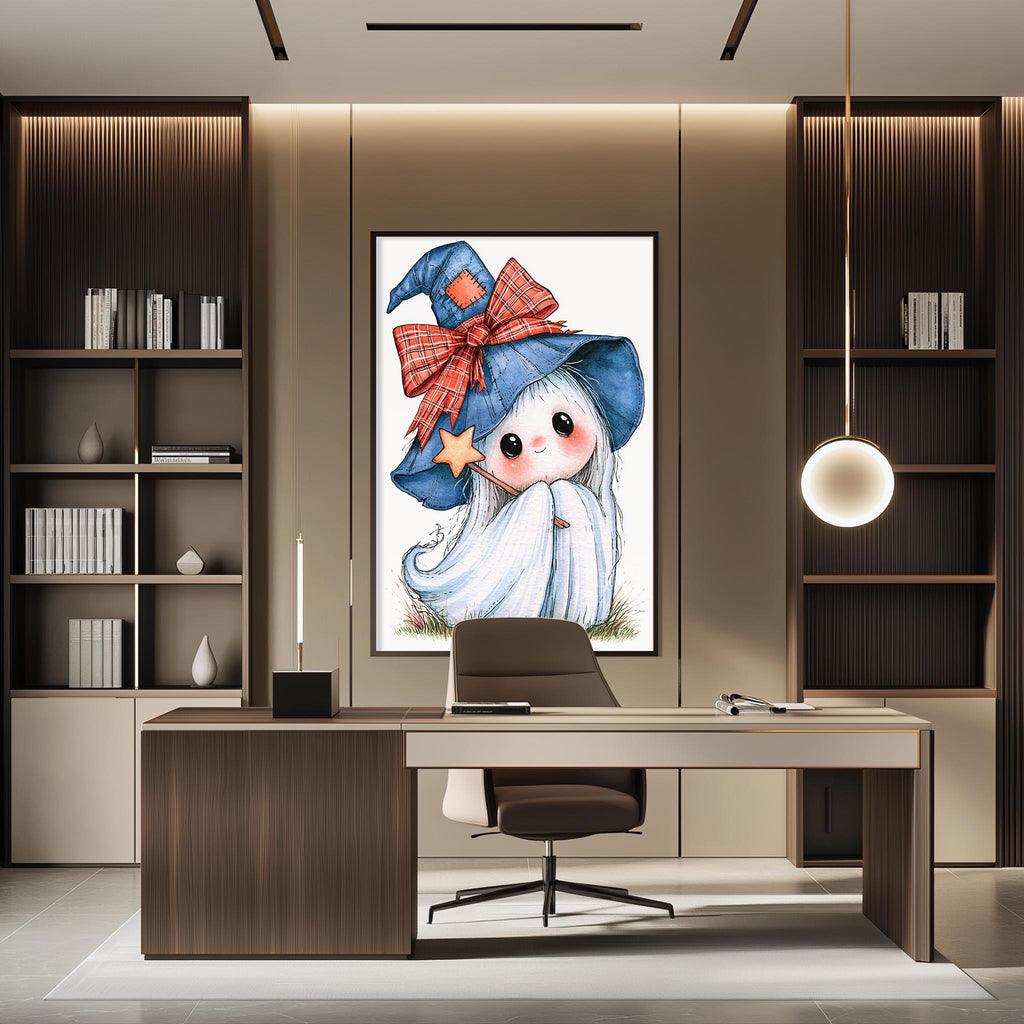 a modern office space with a large framed illustration of a whimsical, ghostly figure wearing a witch's hat and holding a star on the wall. The office has a wooden desk and chair, and there are bookshelves and a lamp in the background.