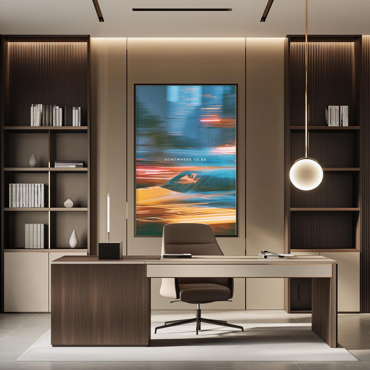 a modern and stylish office space with a large abstract painting on the wall, a wooden desk with a chair, and built-in bookshelves.