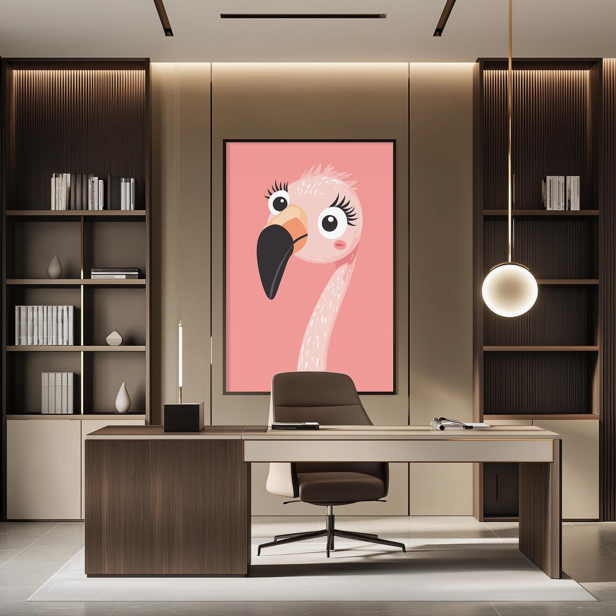 a modern office space with a large, colorful flamingo-themed artwork hanging on the wall above a desk with a chair.