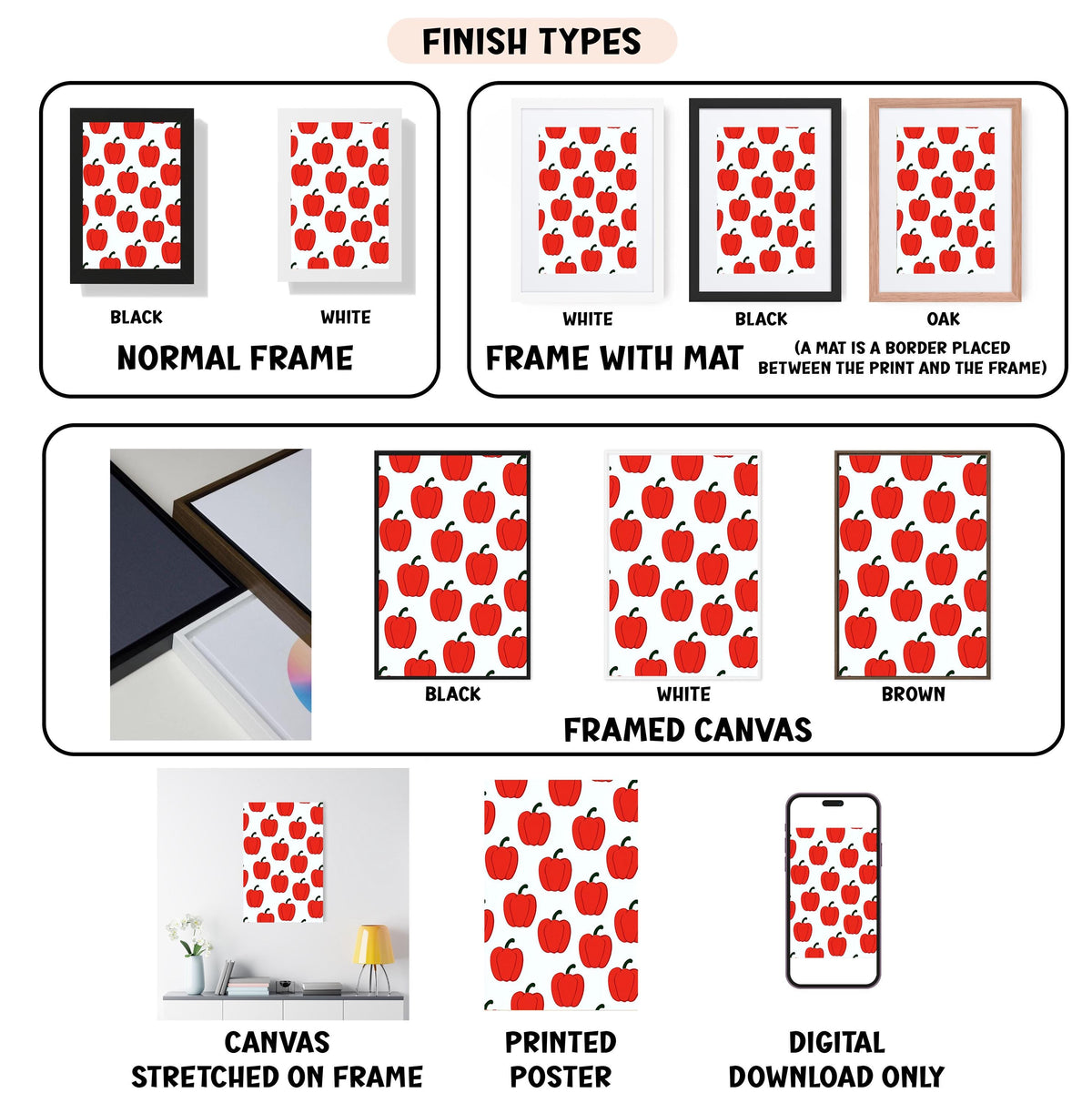various finish types for a framed artwork, including a normal frame, a frame with a mat, a black frame, a white frame, a black frame, a white frame with a mat, a black frame, a white frame with a mat, a black frame, a white frame with a mat, a black frame, a white frame with a mat, a brown frame, a framed canvas, a stretched canvas on a frame, a printed poster, and a digital download only.