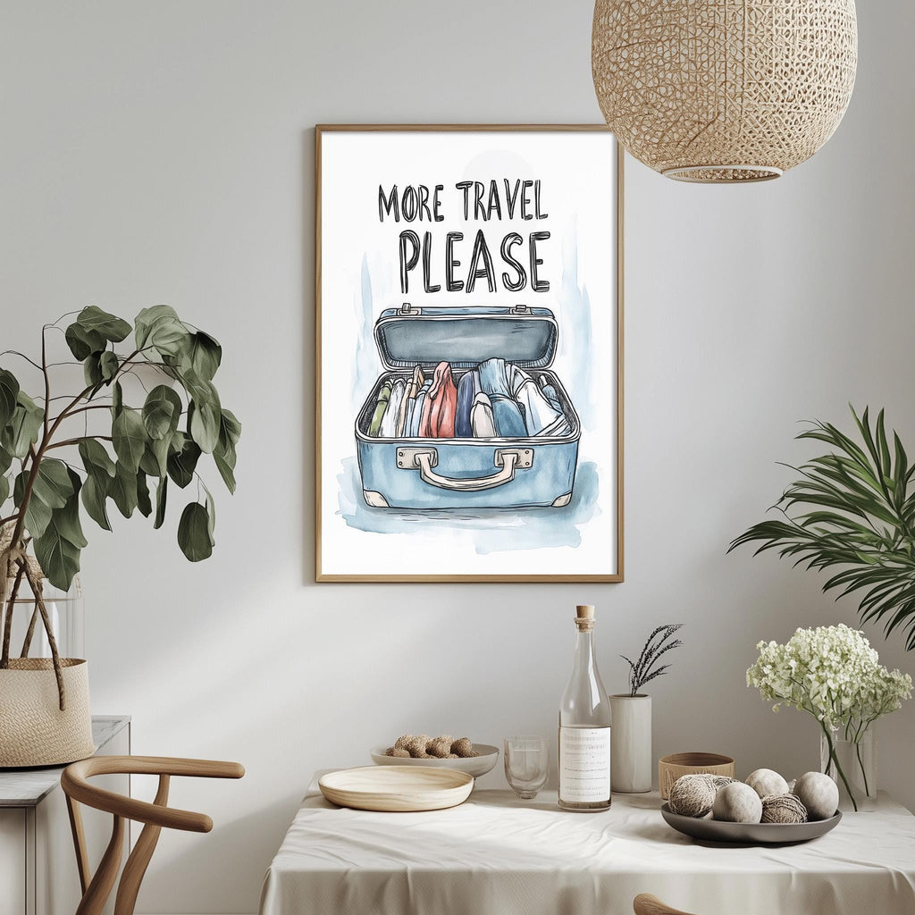 a framed poster with the text "MORE TRAVEL PLEASE" hanging on a wall above a dining table with various items on it, including a bottle, a bowl, and a vase.