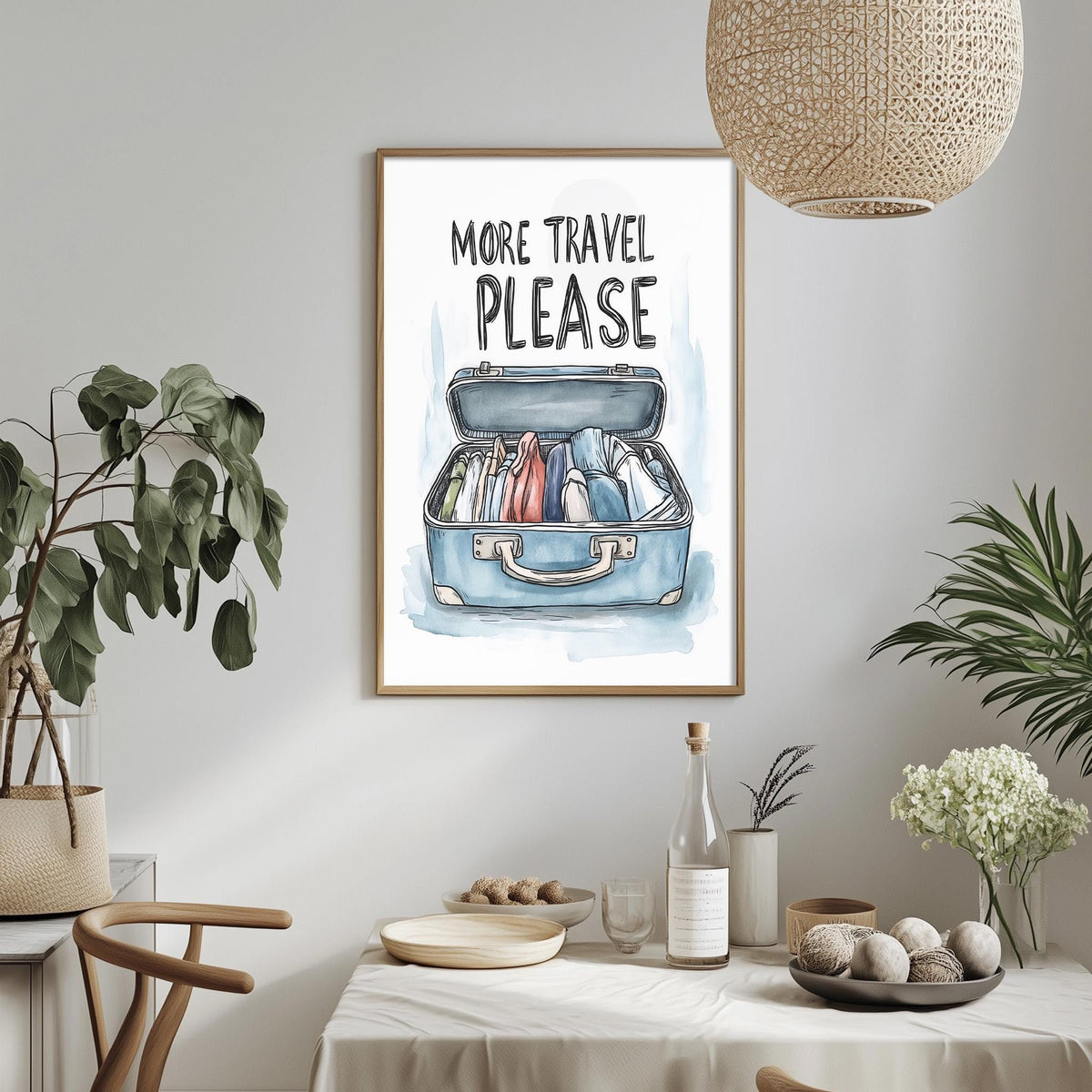 a framed poster with the text "MORE TRAVEL PLEASE" hanging on a wall above a dining table with various items on it, including a bottle, a bowl, and a vase.