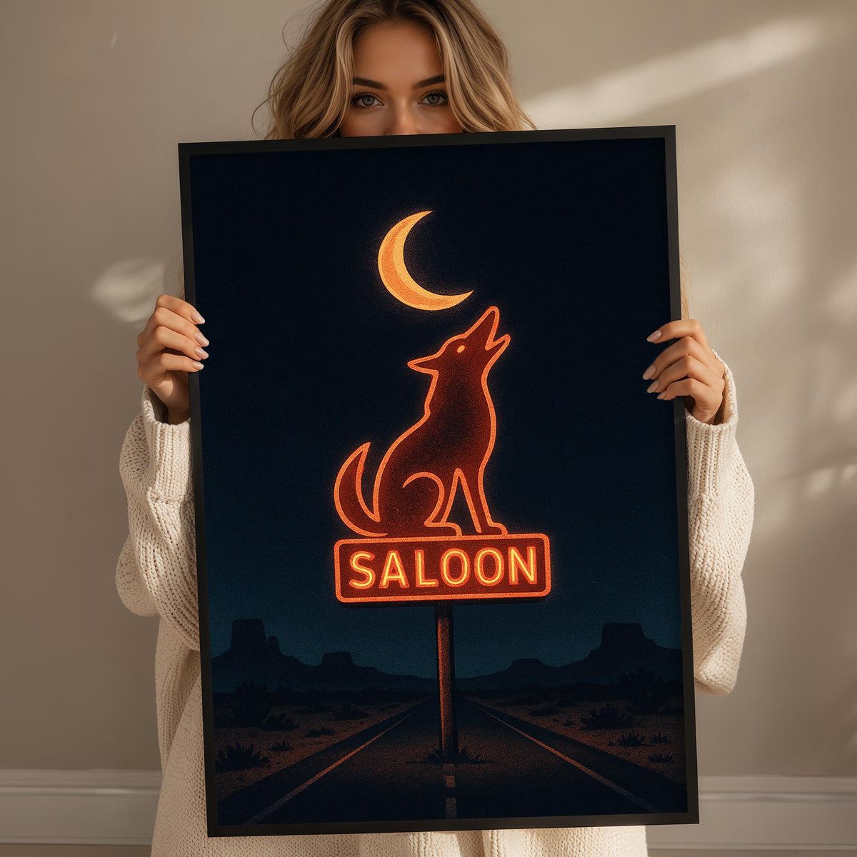 A woman holds up a framed image of a neon sign for a saloon, featuring a wolf silhouette and the word "SALOON" prominently displayed.